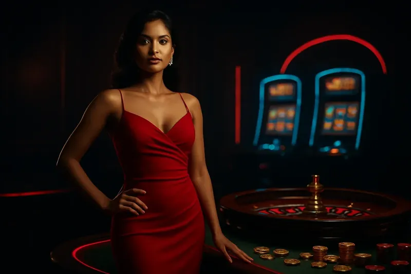 Elegant Casino Banner Beautiful woman in red dress standing confidently near roulette and slot machines with gold coins and poker chips in a luxury Bangladesh casino setting