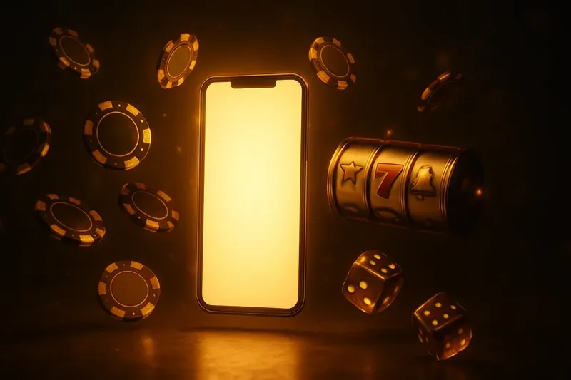 Glowing Smartphone Casino Banner Panoramic promotional banner with glowing smartphone, floating casino chips, slot reels, dice, gold accents, and cinematic lighting